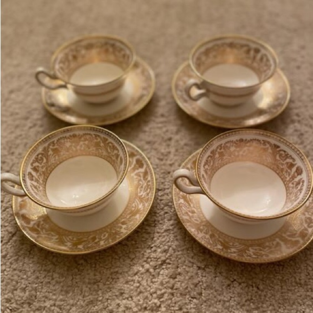 Wedgwood Gold Florentine Teacups and Saucers.